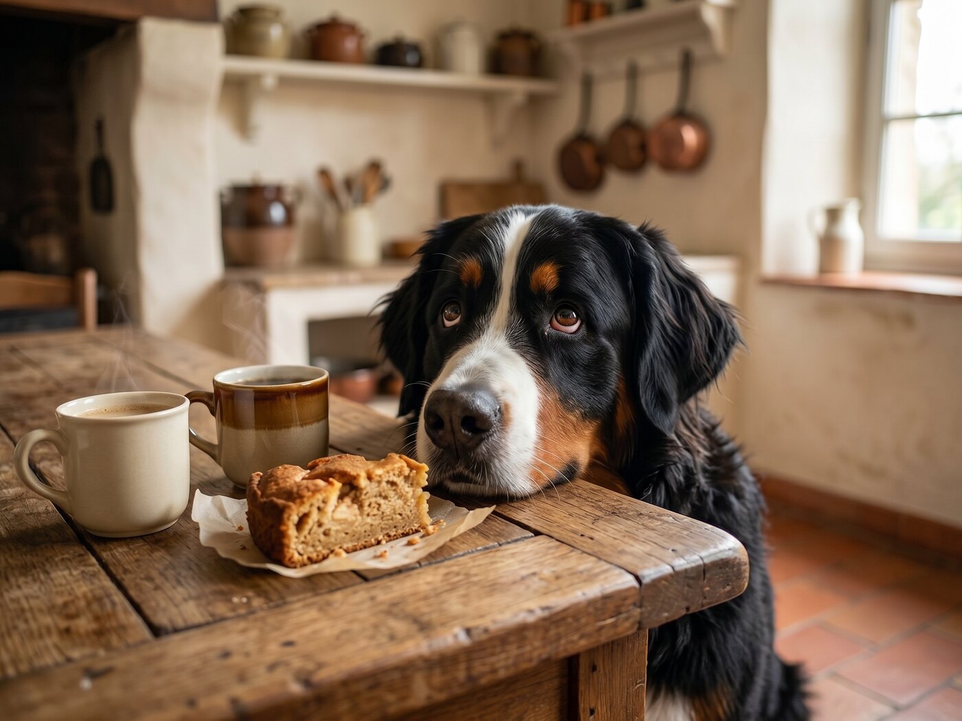 Un chiot caniche nain gris de huit semaines posé sur le seuil d'une porte de cuisine en bois, lumière douce de fin d'après-midi entrant par la fenêtre, cadrage au niveau du sol.