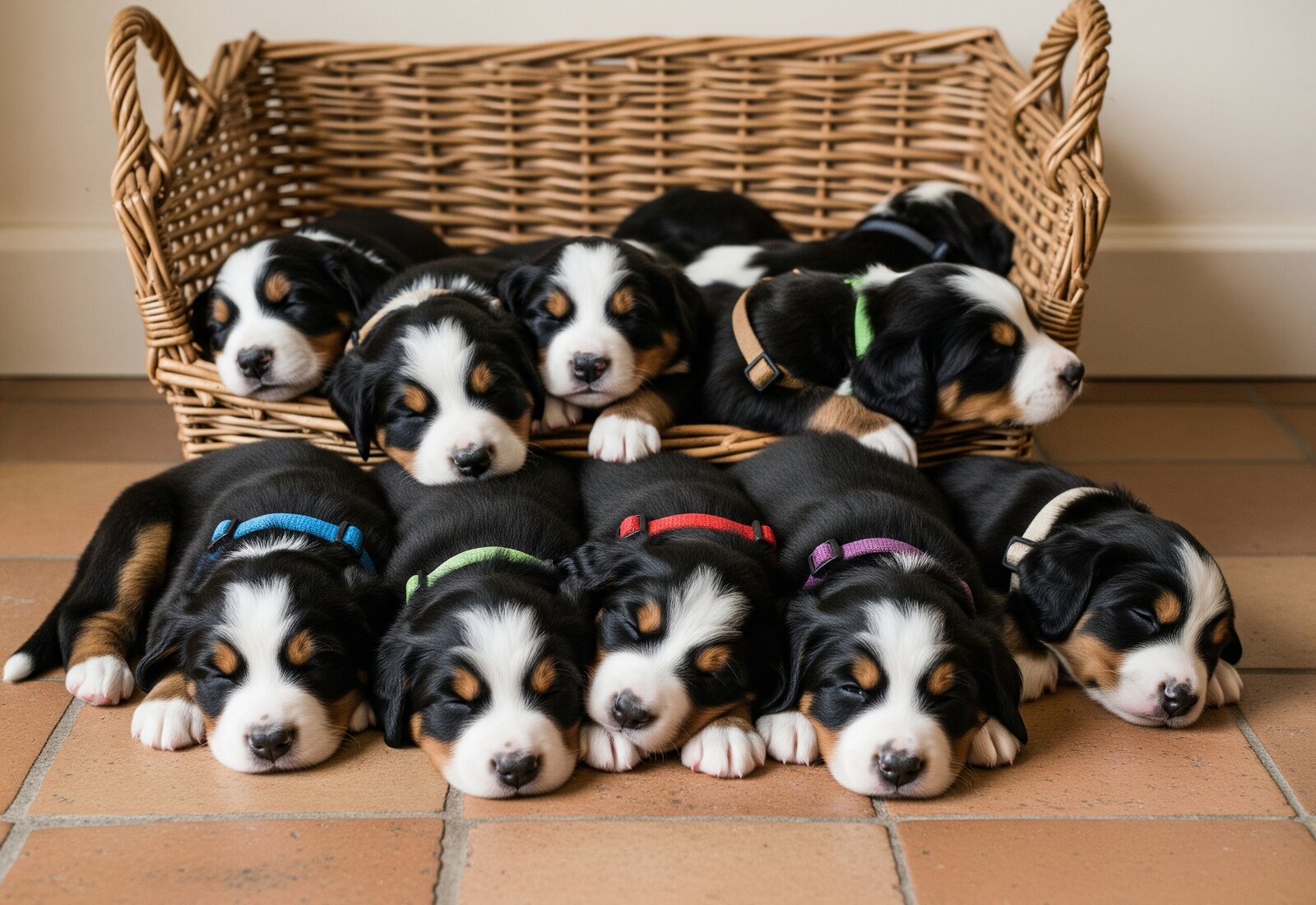 Un tapis de chien posé au bout d'un couloir d'appartement, près d'une porte d'entrée, lumière de fin d'après-midi venant d'une fenêtre latérale, cadrage large au niveau du sol.